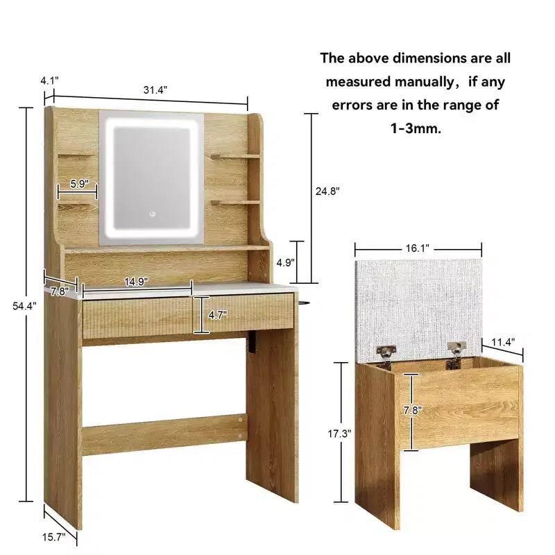 Makeup Vanity Desk With Mirror And Lights, 31.4 Dressing Table With Power Outlet And Storage Stool