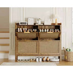 47 Farmhouse Rattan Shoe Cabinet,Boho Entryway Organizer with 4 Flip-Drawers, Adjustable Shelves & Hidden Handles,Freestanding Narrow Shoe Rack