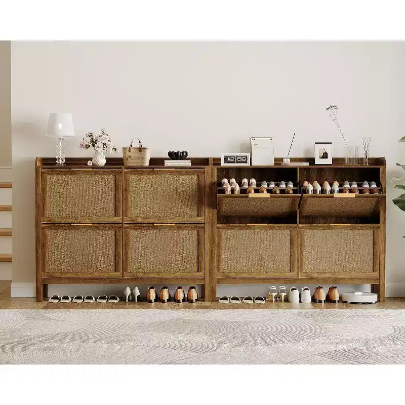 47 Farmhouse Rattan Shoe Cabinet,Boho Entryway Organizer with 4 Flip-Drawers, Adjustable Shelves & Hidden Handles,Freestanding Narrow Shoe Rack