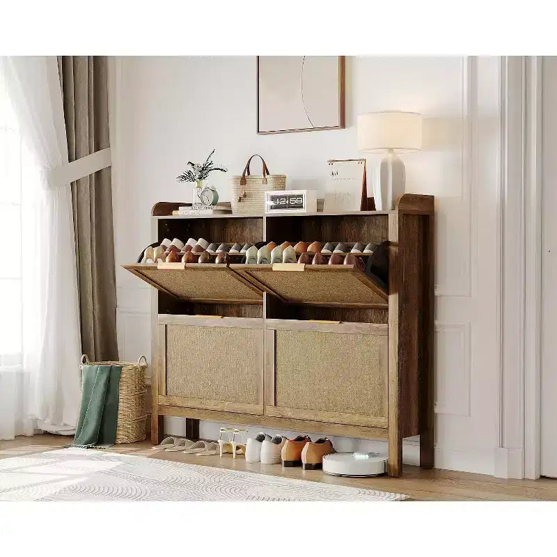 47 Farmhouse Rattan Shoe Cabinet,Boho Entryway Organizer with 4 Flip-Drawers, Adjustable Shelves & Hidden Handles,Freestanding Narrow Shoe Rack
