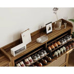 47 Farmhouse Rattan Shoe Cabinet,Boho Entryway Organizer with 4 Flip-Drawers, Adjustable Shelves & Hidden Handles,Freestanding Narrow Shoe Rack