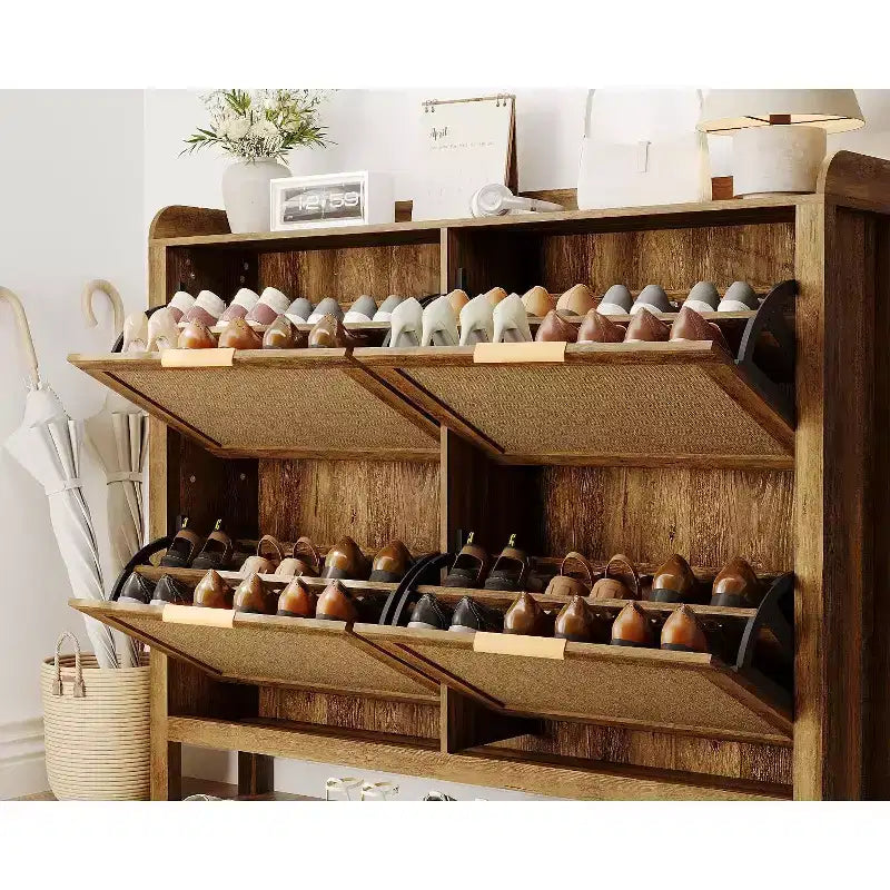 47 Farmhouse Rattan Shoe Cabinet,Boho Entryway Organizer with 4 Flip-Drawers, Adjustable Shelves & Hidden Handles,Freestanding Narrow Shoe Rack