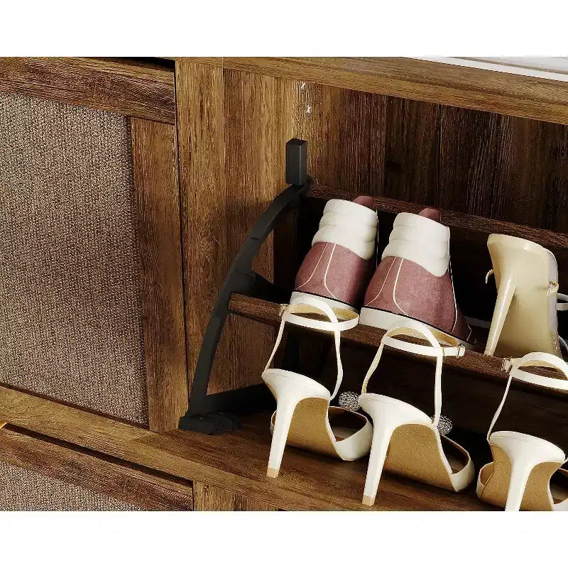 47 Farmhouse Rattan Shoe Cabinet,Boho Entryway Organizer with 4 Flip-Drawers, Adjustable Shelves & Hidden Handles,Freestanding Narrow Shoe Rack
