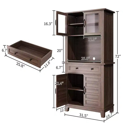 72 in Tall Kitchen Pantry Cabinet, Kitchen Hutch Bar Cabinet with Microwave Stand, Cupboard with Drawers Glass Doors for Dining Room, Living Room