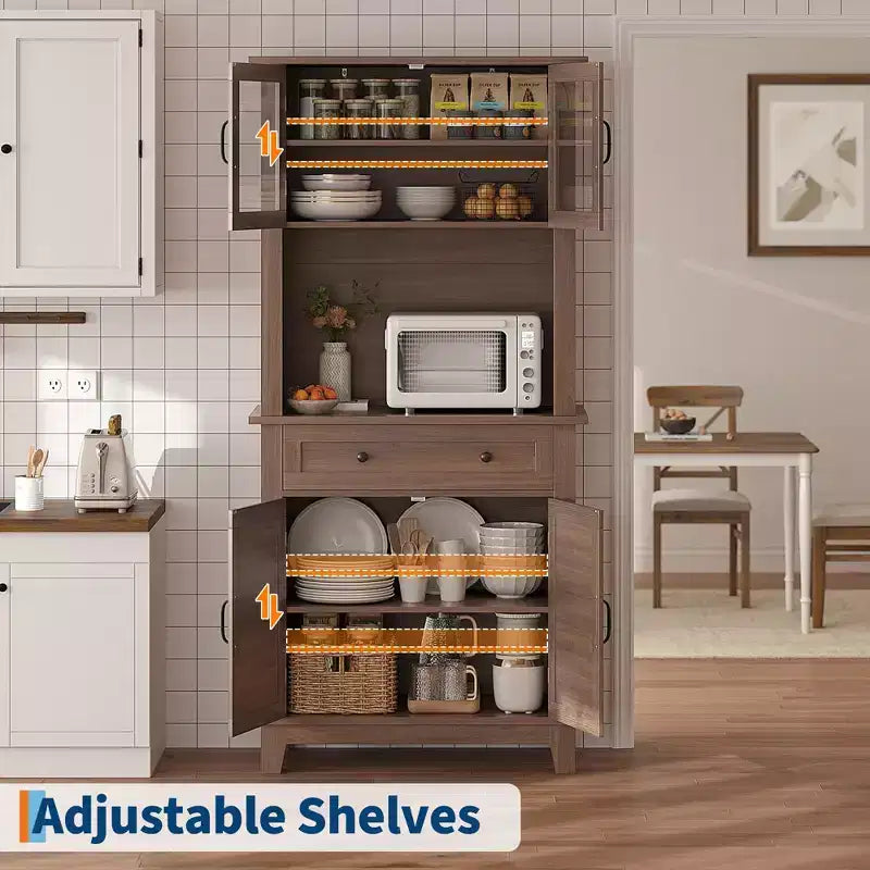 72 in Tall Kitchen Pantry Cabinet, Kitchen Hutch Bar Cabinet with Microwave Stand, Cupboard with Drawers Glass Doors for Dining Room, Living Room