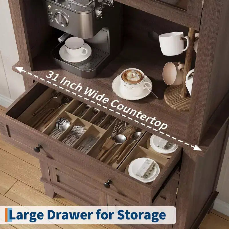 72 in Tall Kitchen Pantry Cabinet, Kitchen Hutch Bar Cabinet with Microwave Stand, Cupboard with Drawers Glass Doors for Dining Room, Living Room
