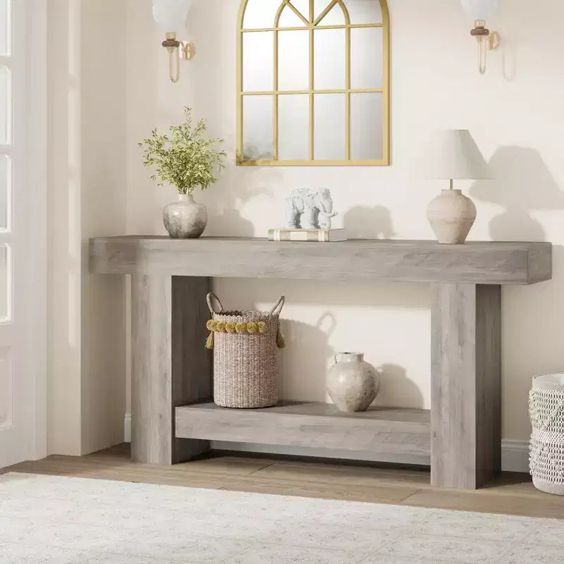 Entryway Console Table, Farmhouse 2-Tier Entryway Table, Long Sofa Accent Table Behind Couch Table with Open Storage for Entrance, Living Room, 63