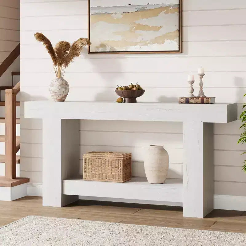 Entryway Console Table, Farmhouse 2-Tier Entryway Table, Long Sofa Accent Table Behind Couch Table with Open Storage for Entrance, Living Room, 63