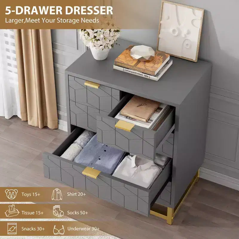 Dresser for Bedroom, 5-Drawer Black Dresser with Metal Legs, Modern Wide Storage Organizer for Living Room Entryway