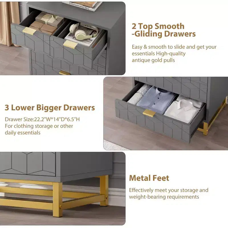 Dresser for Bedroom, 5-Drawer Black Dresser with Metal Legs, Modern Wide Storage Organizer for Living Room Entryway
