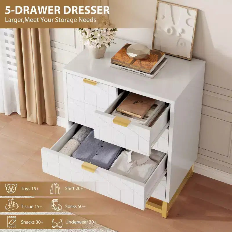 Dresser for Bedroom, 5-Drawer Black Dresser with Metal Legs, Modern Wide Storage Organizer for Living Room Entryway
