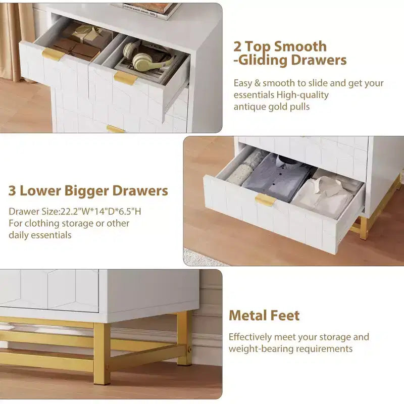 Dresser for Bedroom, 5-Drawer Black Dresser with Metal Legs, Modern Wide Storage Organizer for Living Room Entryway