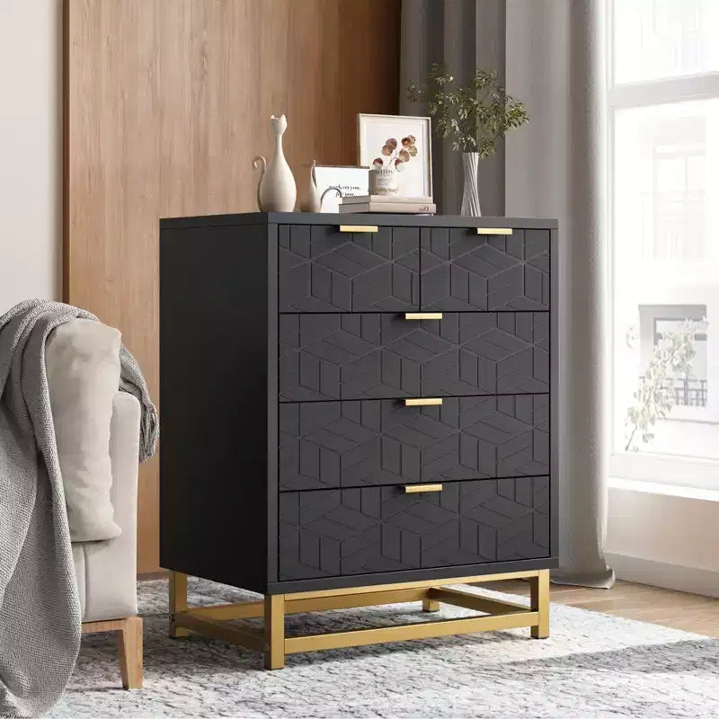 Dresser for Bedroom, 5-Drawer Black Dresser with Metal Legs, Modern Wide Storage Organizer for Living Room Entryway