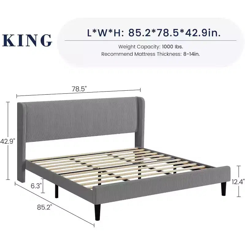 Bed Frame with Headboard and Wingback, Beige Velvet with Vertical Stripes, 2 Storage Pockets, and Sturdy Wood Slat Support