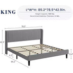Bed Frame with Headboard and Wingback, Beige Velvet with Vertical Stripes, 2 Storage Pockets, and Sturdy Wood Slat Support