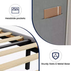 Bed Frame with Headboard and Wingback, Beige Velvet with Vertical Stripes, 2 Storage Pockets, and Sturdy Wood Slat Support