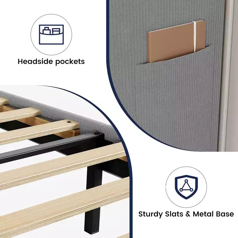 Bed Frame with Headboard and Wingback, Beige Velvet with Vertical Stripes, 2 Storage Pockets, and Sturdy Wood Slat Support