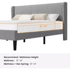 Bed Frame with Headboard and Wingback, Beige Velvet with Vertical Stripes, 2 Storage Pockets, and Sturdy Wood Slat Support
