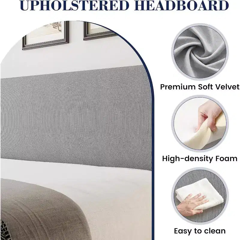 Bed Frame with Headboard and Wingback, Beige Velvet with Vertical Stripes, 2 Storage Pockets, and Sturdy Wood Slat Support