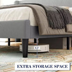 Bed Frame with Headboard and Wingback, Beige Velvet with Vertical Stripes, 2 Storage Pockets, and Sturdy Wood Slat Support