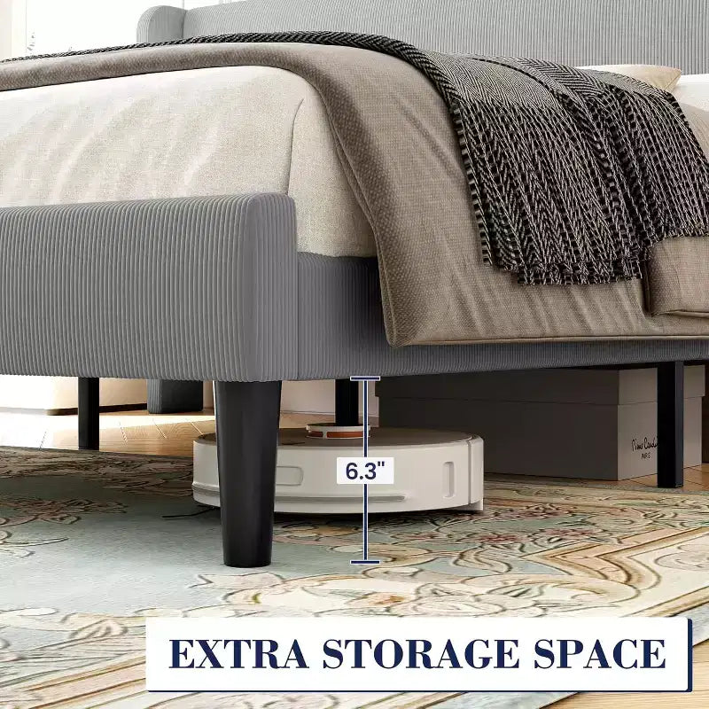Bed Frame with Headboard and Wingback, Beige Velvet with Vertical Stripes, 2 Storage Pockets, and Sturdy Wood Slat Support