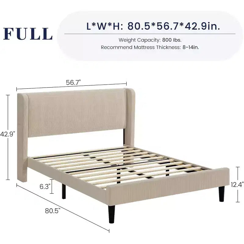 Bed Frame with Headboard and Wingback, Beige Velvet with Vertical Stripes, 2 Storage Pockets, and Sturdy Wood Slat Support