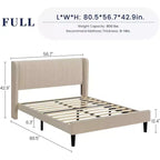 Bed Frame with Headboard and Wingback, Beige Velvet with Vertical Stripes, 2 Storage Pockets, and Sturdy Wood Slat Support