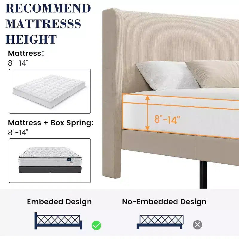 Bed Frame with Headboard and Wingback, Beige Velvet with Vertical Stripes, 2 Storage Pockets, and Sturdy Wood Slat Support