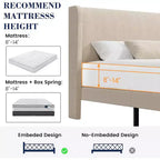 Bed Frame with Headboard and Wingback, Beige Velvet with Vertical Stripes, 2 Storage Pockets, and Sturdy Wood Slat Support