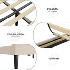 Bed Frame with Headboard and Wingback, Beige Velvet with Vertical Stripes, 2 Storage Pockets, and Sturdy Wood Slat Support