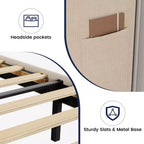Bed Frame with Headboard and Wingback, Beige Velvet with Vertical Stripes, 2 Storage Pockets, and Sturdy Wood Slat Support