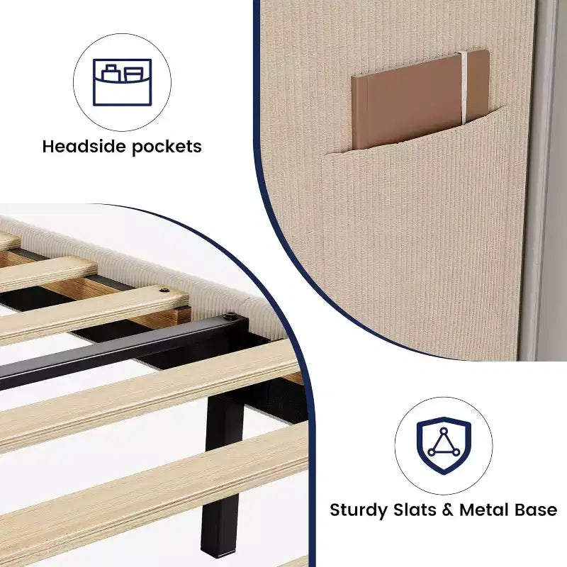 Bed Frame with Headboard and Wingback, Beige Velvet with Vertical Stripes, 2 Storage Pockets, and Sturdy Wood Slat Support