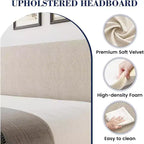 Bed Frame with Headboard and Wingback, Beige Velvet with Vertical Stripes, 2 Storage Pockets, and Sturdy Wood Slat Support