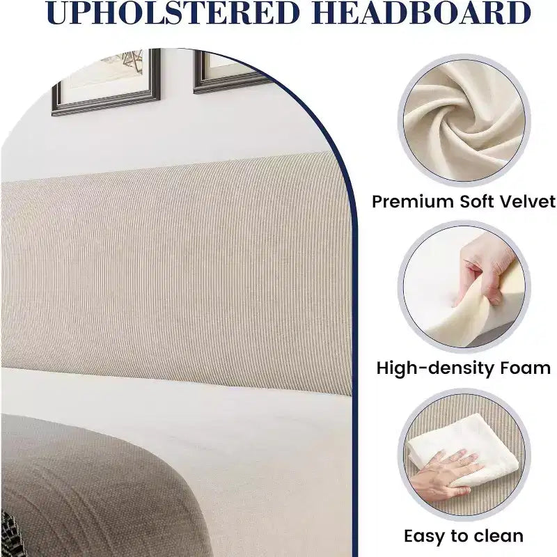 Bed Frame with Headboard and Wingback, Beige Velvet with Vertical Stripes, 2 Storage Pockets, and Sturdy Wood Slat Support