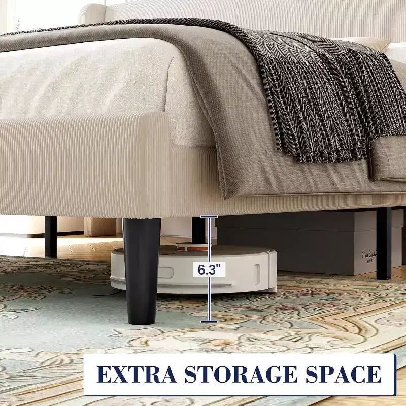 Bed Frame with Headboard and Wingback, Beige Velvet with Vertical Stripes, 2 Storage Pockets, and Sturdy Wood Slat Support
