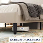 Bed Frame with Headboard and Wingback, Beige Velvet with Vertical Stripes, 2 Storage Pockets, and Sturdy Wood Slat Support
