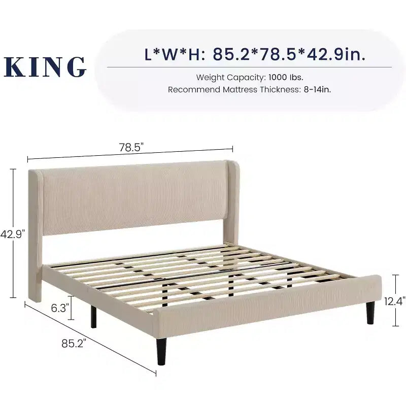 Bed Frame with Headboard and Wingback, Beige Velvet with Vertical Stripes, 2 Storage Pockets, and Sturdy Wood Slat Support