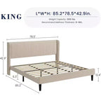Bed Frame with Headboard and Wingback, Beige Velvet with Vertical Stripes, 2 Storage Pockets, and Sturdy Wood Slat Support