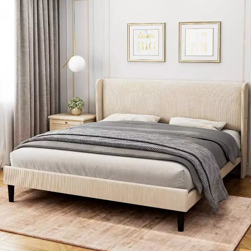 Bed Frame with Headboard and Wingback, Beige Velvet with Vertical Stripes, 2 Storage Pockets, and Sturdy Wood Slat Support