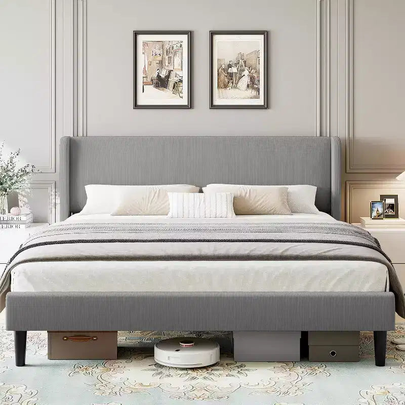 Bed Frame with Headboard and Wingback, Beige Velvet with Vertical Stripes, 2 Storage Pockets, and Sturdy Wood Slat Support