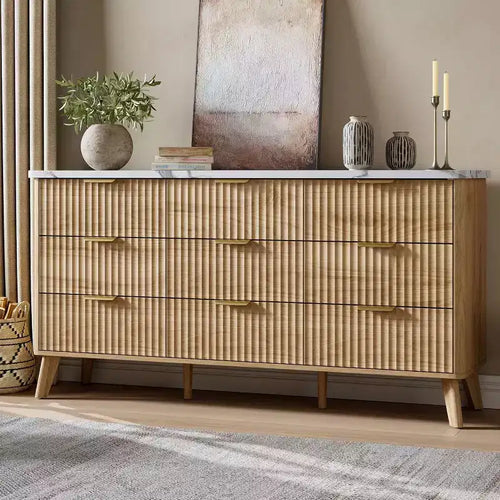 9 Drawers Dresser for Bedroom, 60.6 Wide Dressers with Curved Profile Design, Fluted Wood Drawers, Modern Chest of Dressersfor Living Room