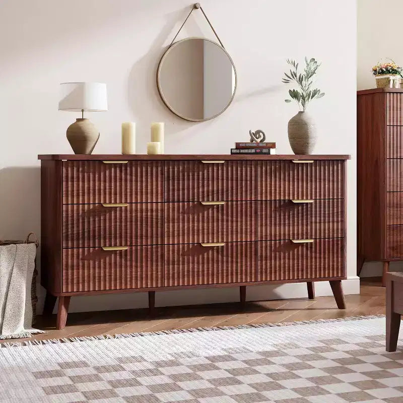 9 Drawers Dresser for Bedroom, 60.6 Wide Dressers with Curved Profile Design, Fluted Wood Drawers, Modern Chest of Dressersfor Living Room