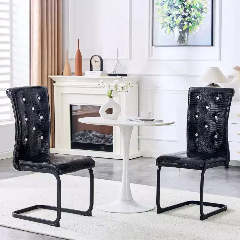 Set of 2 Retro Alligator Skin Upholstered Dining Chairs with Black Metal Legs