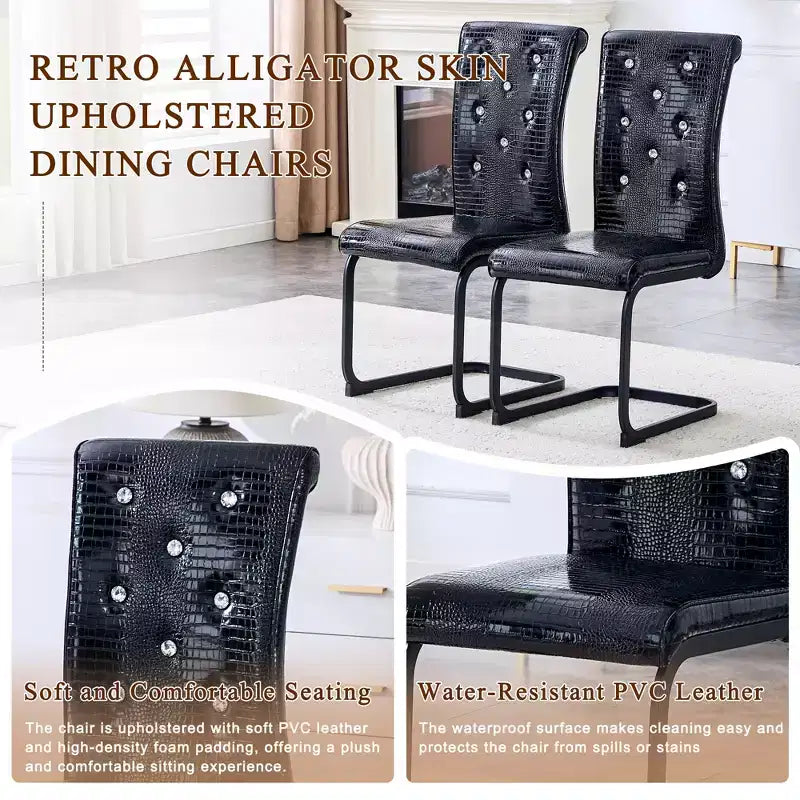Set of 2 Retro Alligator Skin Upholstered Dining Chairs with Black Metal Legs