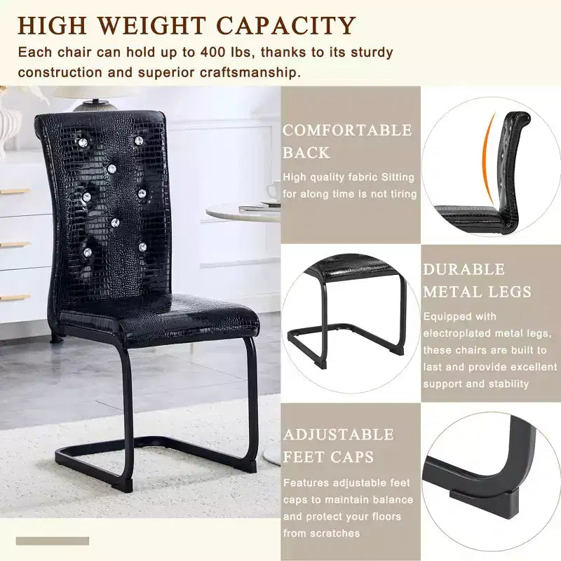 Set of 2 Retro Alligator Skin Upholstered Dining Chairs with Black Metal Legs