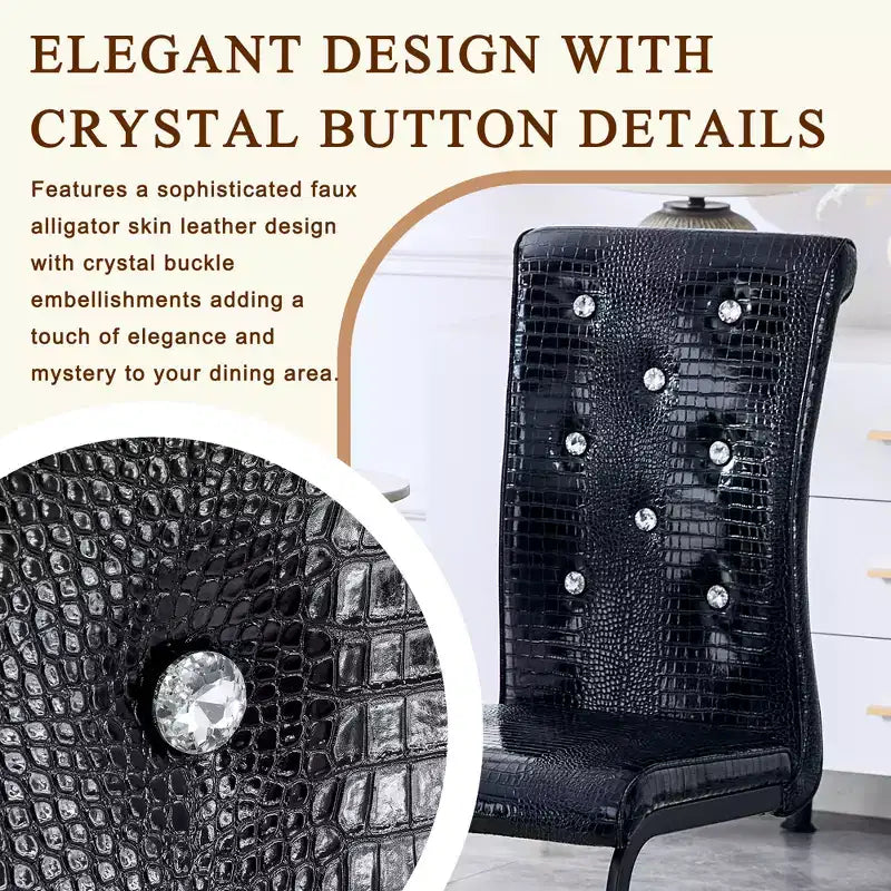 Set of 2 Retro Alligator Skin Upholstered Dining Chairs with Black Metal Legs