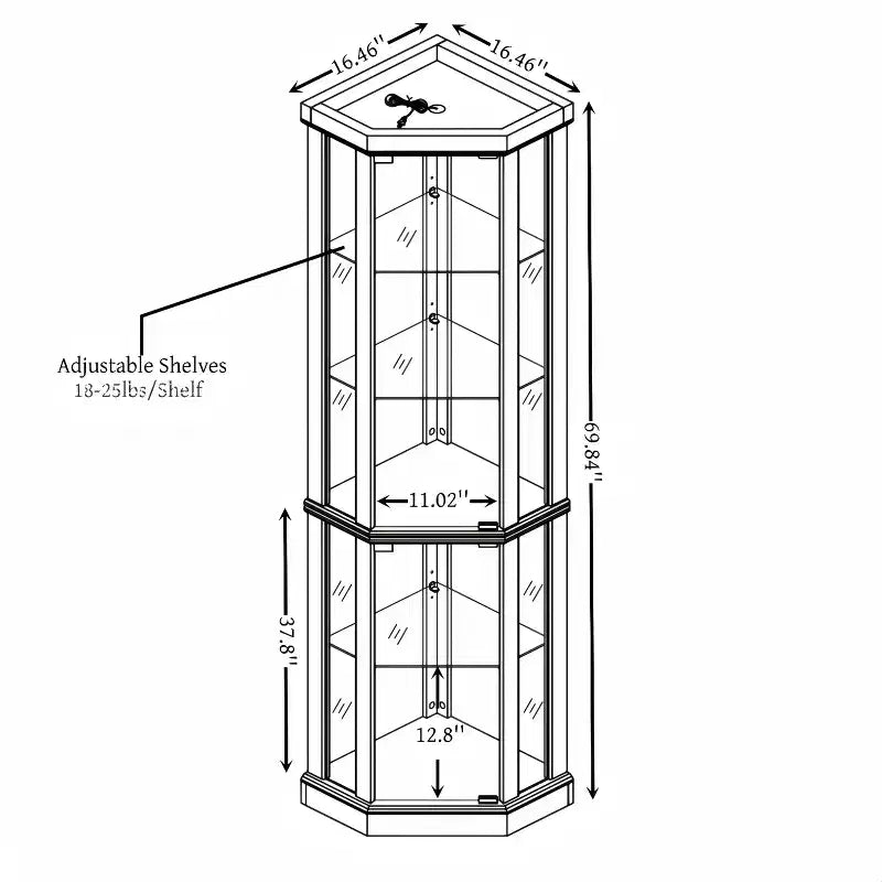 Corner Lighted Curio Cabinet with Adjustable Glass Shelves and Anti-Tip Device for Antique Collections