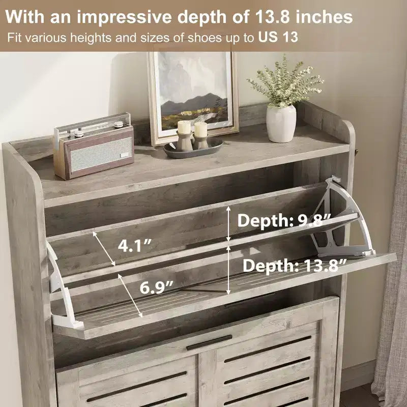 Shoe Cabinet, 2-Tier Flip Down Narrow Shoe Rack with Hooks, Farmhouse Slim Entryway Organizer for Small Spaces