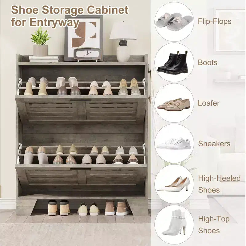 Shoe Cabinet, 2-Tier Flip Down Narrow Shoe Rack with Hooks, Farmhouse Slim Entryway Organizer for Small Spaces