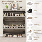 Shoe Cabinet, 2-Tier Flip Down Narrow Shoe Rack with Hooks, Farmhouse Slim Entryway Organizer for Small Spaces